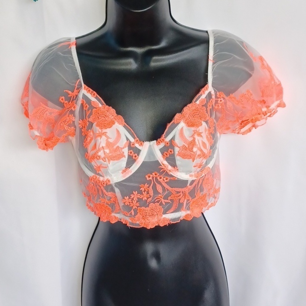 Cute sheer Neon orange bustier corset bustier top, Jr Sz S - Picture 3 of 7